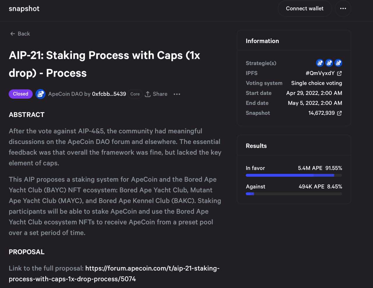 (https://snapshot.org/#/apecoin.eth/proposal/0xcf4d7199323572b9cc7e212d29d07df974280bc3d18e35dcfeafb30d1c3e17fb)