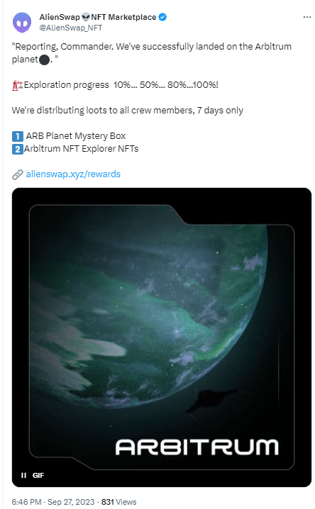 AlienSwap已支持Arbitrum主网,并推出积分盲盒和Arbitrum NFT Explorer系列NFT