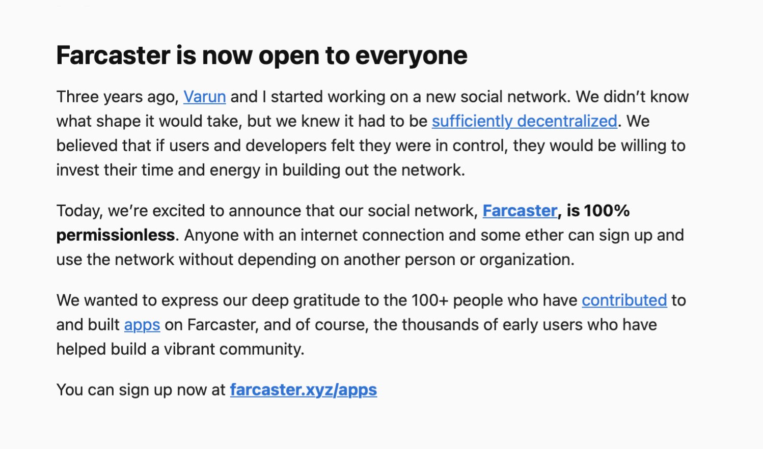 去中心化社交协议Farcaster正式向所有人开放注册,无需白名单许可