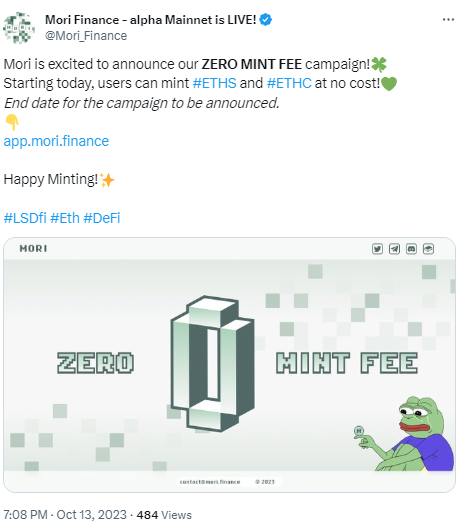 Mori Finance推出零铸币费活动,可免费铸造ETHS和ETHC