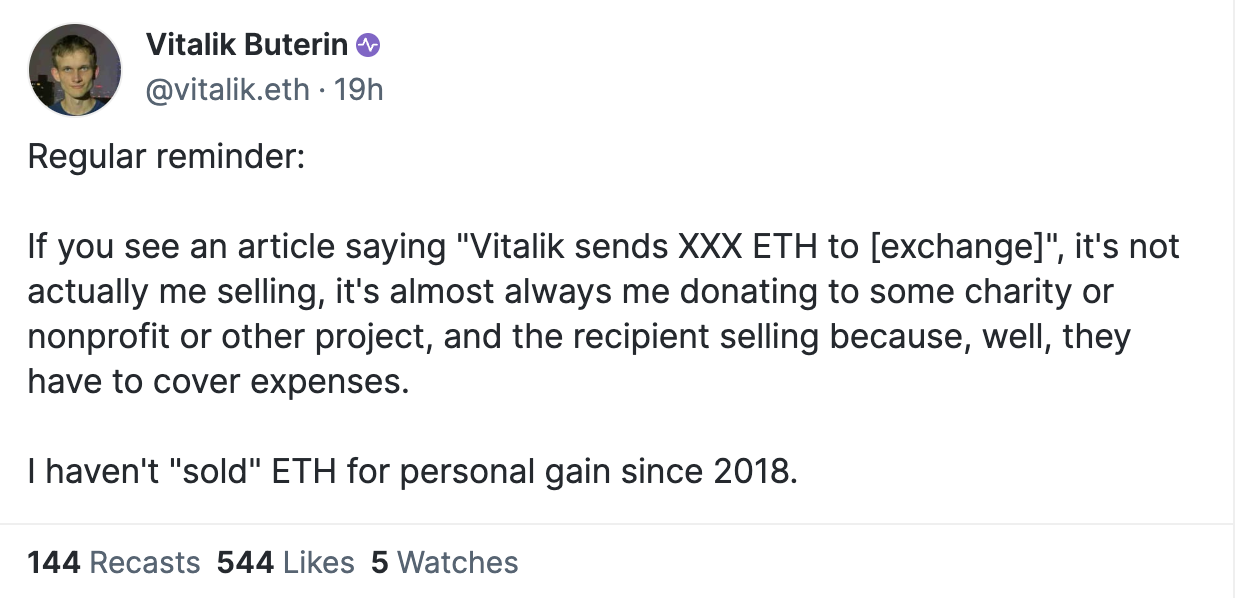 Vitalik:自2018年以来,我没有为了个人利益而“出售”ETH