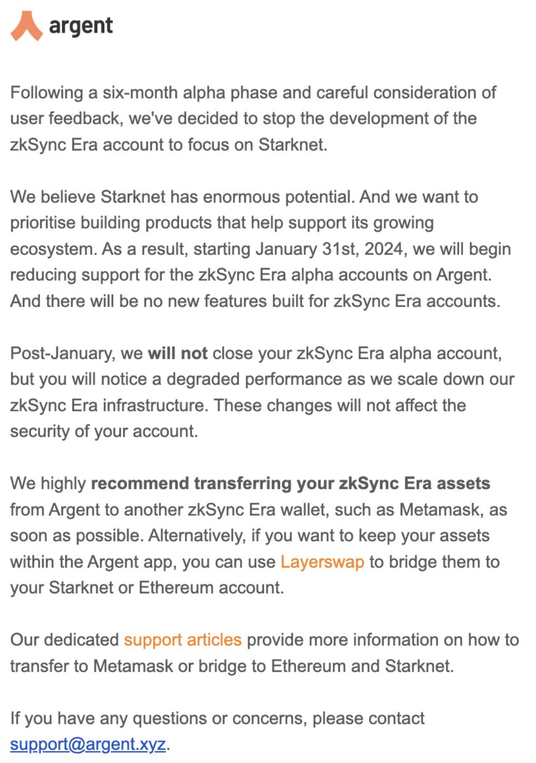 Argent钱包将逐步停止对zksync Era的支持,转而专注于Starknet