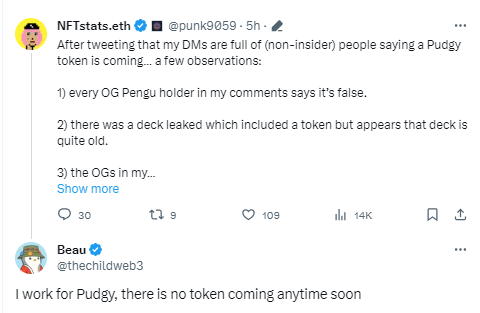 Pudgy Penguins社区安全负责人:短期内没有代币