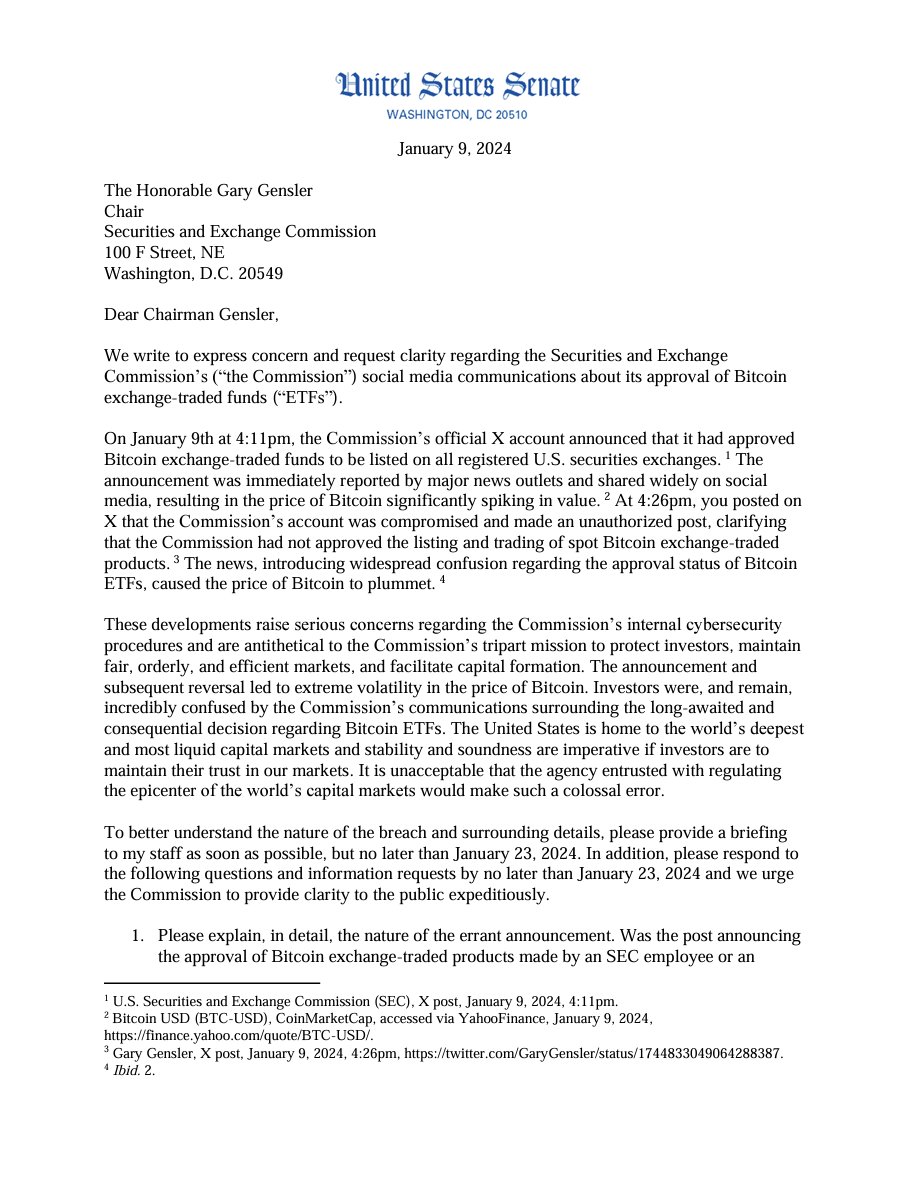 美国参议员要求SEC向国会提供X账户违规事件报告,截止日期定在1月15日