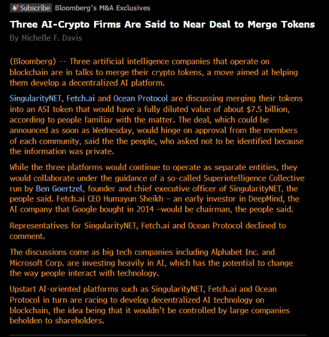 知情人士:SingularityNET、Fetch.ai和Ocean Protocol正在讨论合并为一个名为ASI的代币