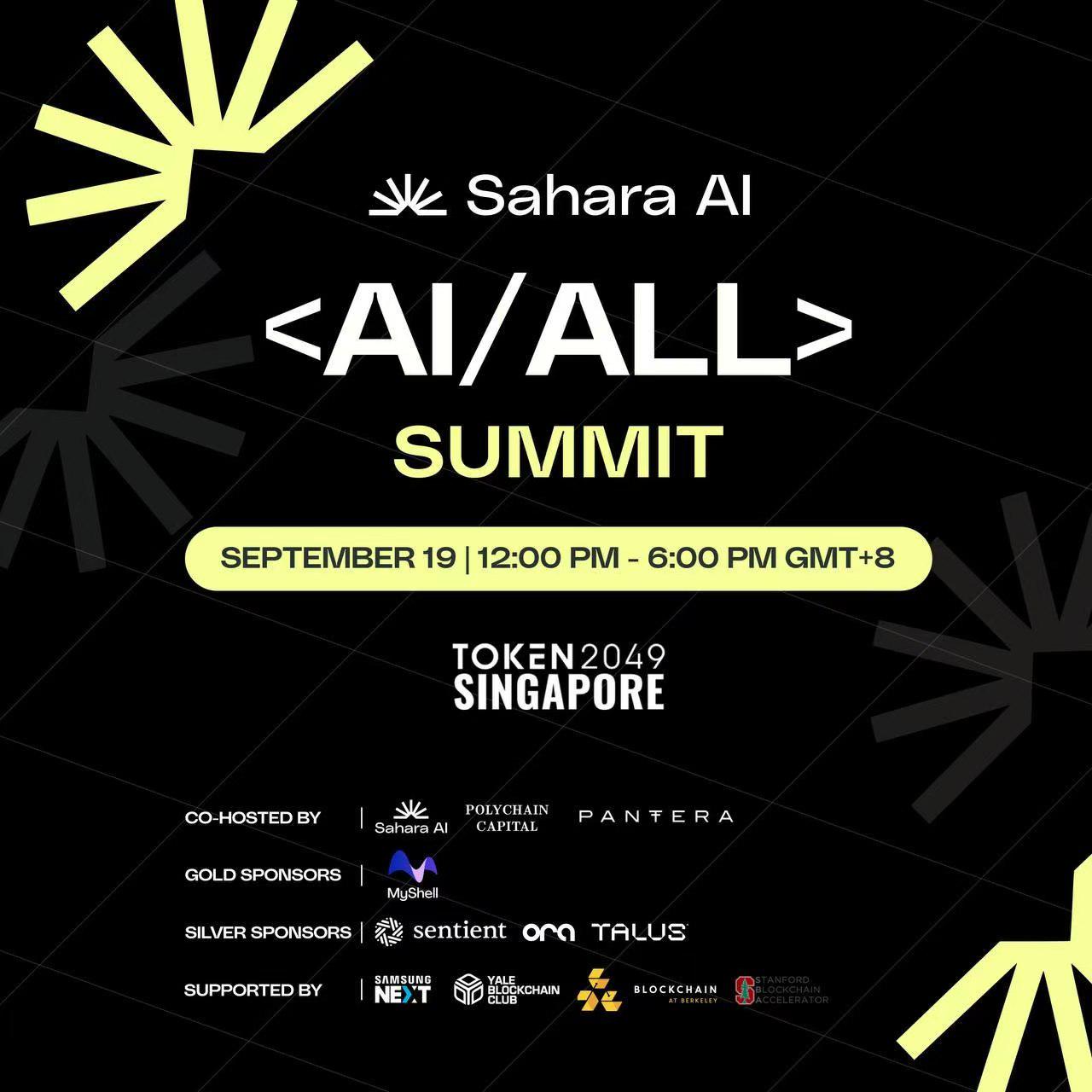 Sahara AI将于9月19日举办「<AI/ALL> Summit Singapore」峰会,Binance Labs等出席