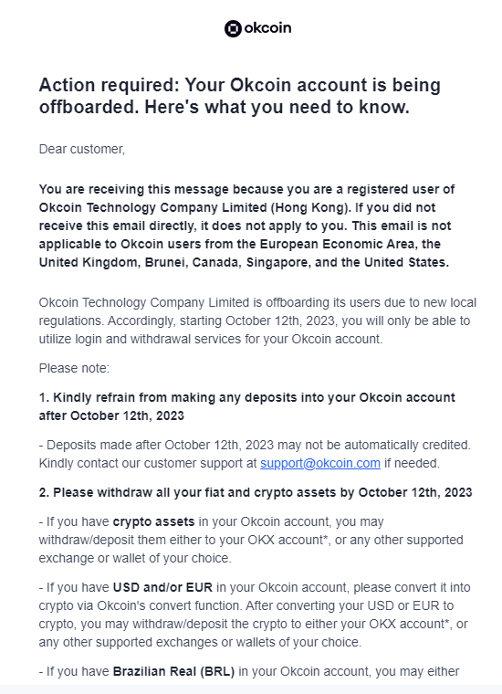 Okcoin通知香港用户将被注销账户，10月12日起将只能使用登录和提现服务